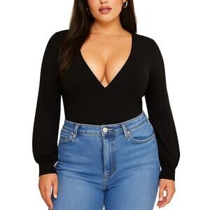 Mikey & Joey Black Deep V-Neck Long Sleeve Body Suit Top Large